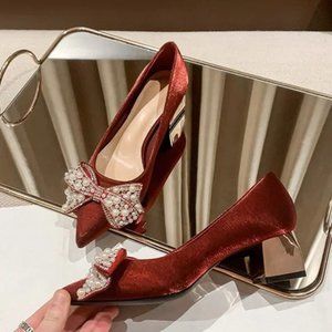 Bridal shoes bow two wear not tired pointe toe wedding shoes